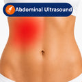 abdominal ultrasound label with an image of a painful abdomen