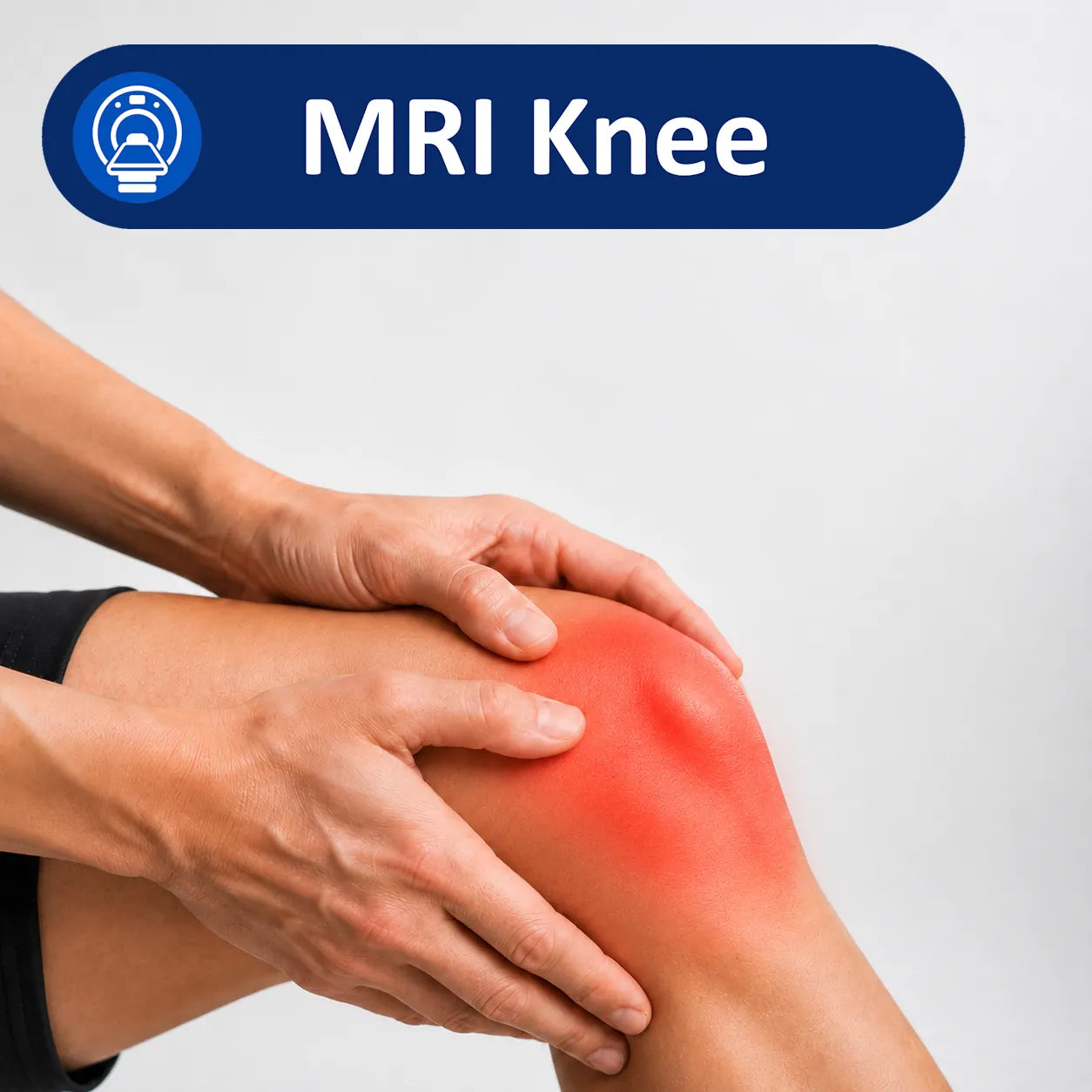 MRI Knee label with a photo of a painful knee