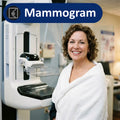 lady standing next to a mammogram machine with label mammogram